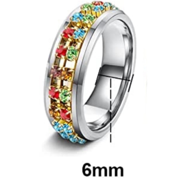 Fidget Spinner Stainless Steel Multicolor Jeweled Ring, Size 10 - Picture 4 of 9